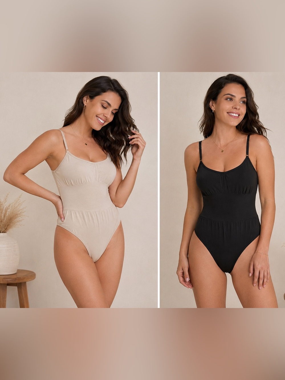 Women’s 2 Pack Seamless Shapewear Bodysuits Nude Black Adjustable Straps Medium